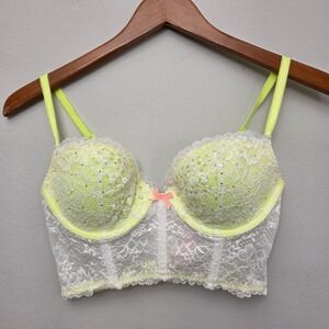 Victorias Secret Dream Angels‎ Push Up Longline Bra Neon Yellow Lace  34C